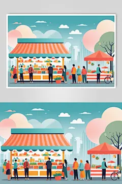 AI数字艺术家庭一起逛集市场数字贴画