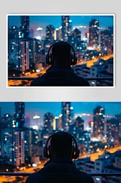 AI数字艺术听音乐的人剪影城市摄影图片
