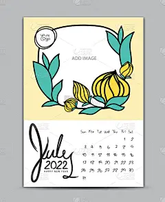 日历2022年设计自然概念，墙日历2022年，刻字日历，台历模板，七月页，手绘树叶和花卉矢量插图可以