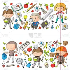 的孩子。学校和幼儿园。创造力和教育。音乐。探索。科学。的想象力。玩和学习。烹饪。唱歌。阅读。不同的爱
