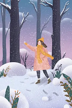 冬季风雪堆雪人可爱卡通风景插画