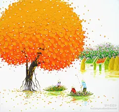 【月冥】一组来自堆糖网网友收集的插画作品，作者是越南插画家Phan Thu Trang，第一眼看到这样的作品，感觉非常清新，作者处理大树的手法，简单却有创意，颜色安排非常出彩，看见这些颜色各异的大树，