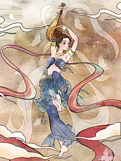 中国风复古国潮烫金岩彩飞天仙女敦煌插画