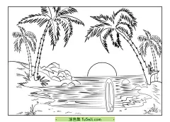 10张简单美丽的大海沙滩椰林日出风景涂色儿童画图片！ | 涂色集 : 《沙滩日出》是一幅适合孩子们涂色的场景图。图中描绘了一幅宜人的沙滩景色，太阳正在日出，整个场景充满了温暖和活力。孩子们可以使用各种颜色的彩色笔、蜡笔或水彩颜料来涂色。以下是一些涂色建议：太阳：使用黄色或橙色给太阳的边缘上色，然后使用红色或粉 10张简单美丽的大海沙滩椰林日出风景涂色儿童画图片！