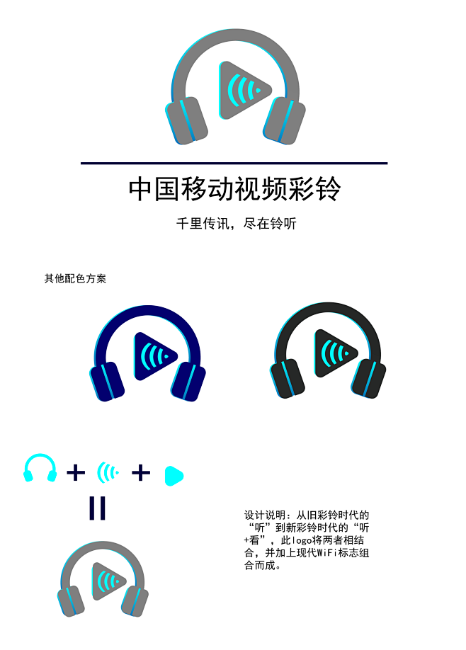 设计说明:从旧彩铃时代的“听”到新彩铃时代的“听+看”，此logo将两者相结合，并加上现代WiFi标志组合而成。