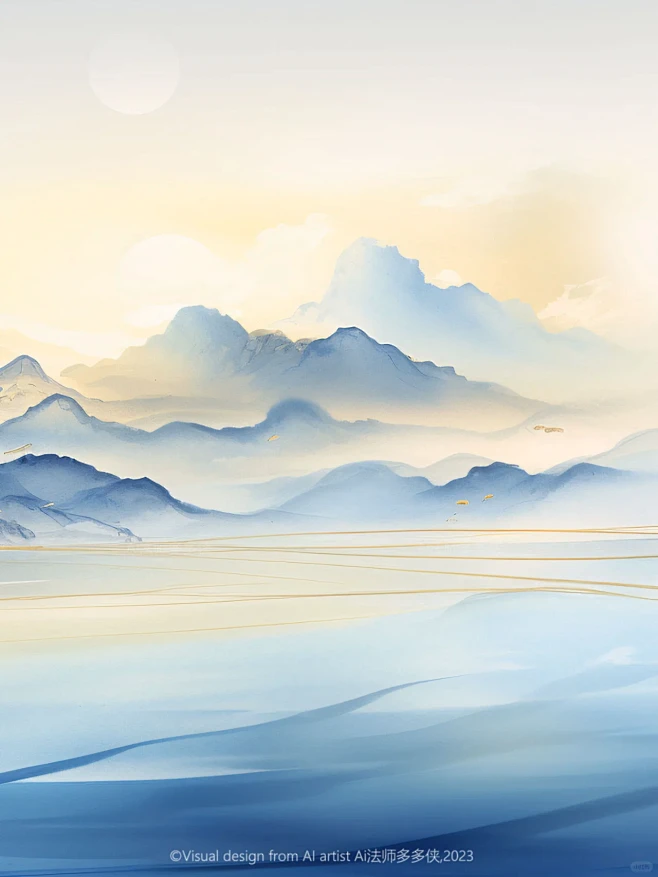 东方美学-鎏金粉蓝|新中式国风山水抽象插画-花瓣网