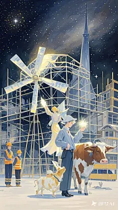 转动的风车背后施展法术的魔法师，地标性建筑，工厂的工人，建筑工地与建筑工地的老板，一个领导打扮模样的牛大叔。治愈水粉，星河灿烂，暗夜微光,玻璃糖纸,亮色调,莫兰迪色调,光怪陆离的场景，色彩丰富多彩,唯美l梦幻插画,超高清画质,自发光,暗黑魔幻,丁达尔光,大面积留白,人物在画面中心,极简,32K