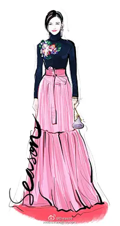#jjseason插画# #时尚##插画# ---@唐嫣 身着Alexis Mabille桃粉色高腰绑带礼服裙，搭配Judith Leiber 闪亮手包、通灵珠宝，甜美动人，携手《梦想合伙人》和《赏金猎人》剧组两次走上北京国际电影节。O甜美糖糖唐嫣红毯look