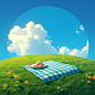 Sunlight hitting from the left, 3D cartoon style, a picnic blanket in the center of a grassy field, large perspective on a round grassy field, bright colors, simple background blue sky background, on a round spherical grassy field, 4K, vivid and graphic, 