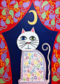 Kerri Ambrosino Art NEEDLEPOINT Mexican Folk Art White Cat in the Window Under The Moon on Etsy, $22.99