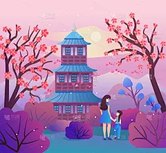 妈妈和女儿在春天的公园里散步。美丽的日本风景，樱花，高山，宝塔。向量插图与樱花在一个平坦的风格。亚洲