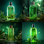  /想象 一瓶透明的洗发水，8K，平视视角，简约，科技风，细节丰富，绿茶色背景，光线明亮