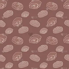 矢量无缝模式甜糕点和面粉产品，如卷与巧克力，奶油蛋卷，肉桂。