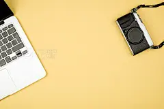 High angle view of office colored desk with copy space. Table with laptop and supplies. Top view. Flat lay. Freelancer or student desk