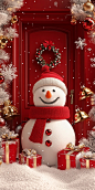 3D snowman with a red scarf and hat, standing in front of a door, smiling happily, surrounded by Christmas decorations such as snowflakes, gifts, gold bells, and tree branches covered in white snow. The background is a red wall, suitable for a mobile wall