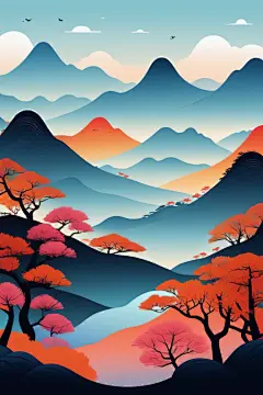 国潮设计扁平山水意境插画