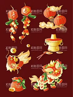新春小物件  - 源文件下载【酷图网】新春小物件,新年,春节,虎年,2022,舞狮,灯笼,鞭炮,锦鲤,火锅,福袋,国潮风,烫金素材,手绘,卡通,