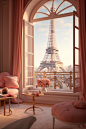 paris style interior in pink tones with large windows, view of eiffle tower through window, in a parisian style with an arty look,