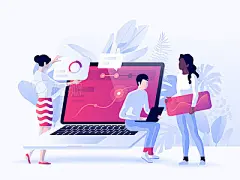 People build a dashboard and interact with graphs. Data analysis, and office situations. Vector illustrationPeople build a dashboard and interact with graphs. Data analysis, and office situations. Vector illustration