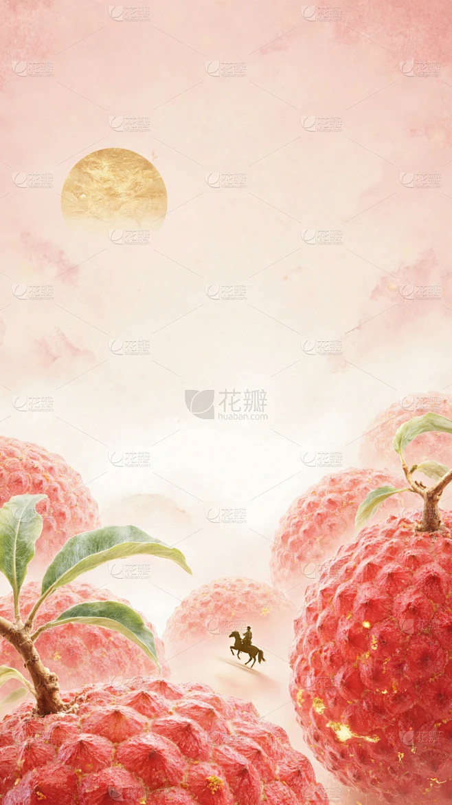 长安的荔枝国风水墨鎏金水果展台背景素材-花瓣网