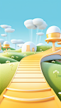 Stage design, close-up s-shaped curve with grass on both sides, cows, blue sky and white clouds, 3d rendering, c4d, vibrant stage background, symmetrical composition