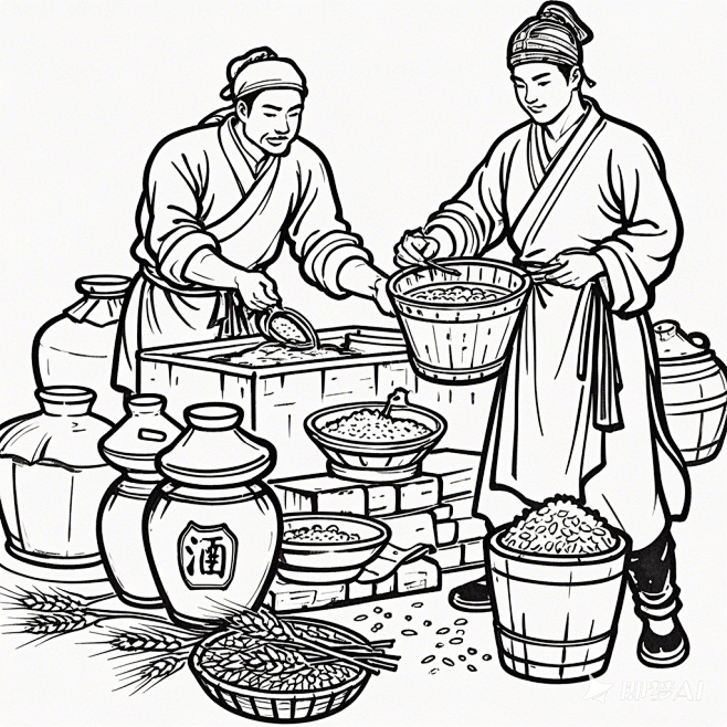 名朝古装工人酿白酒的各个流程插画线稿，人...