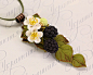 Floral berry pendant necklace "Blackberries jem". Natural designer handmade jewelry. Necklace with purple berries white flowers green leaves