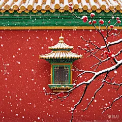 宫廷背景 红砖绿瓦  红梅白雪 红墙 古风插画