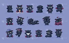 孤立的表情符号字符卡通黑猫贴图与不同的表情符号