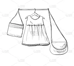 婴儿服装草图。衣服挂在衣架上。手绘的手提包