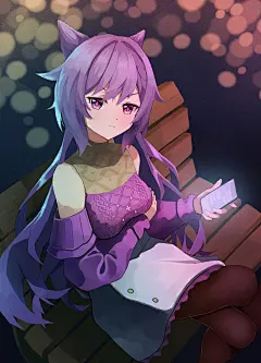 元神冲击客卿（元神冲击）日本动画片动漫游戏艺术品粉丝艺术插图看着观众裙子毛衣双马尾生气的紫色头发紫色的眼睛刘海电话坐着