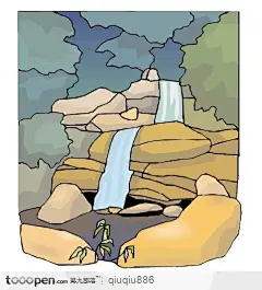 树林石块溪流风景插画