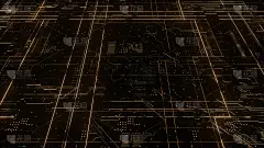 数字电子电路板。许多发光的线条和几何元素的抽象结构。创新科技的概念。发光和金属元素的黑色背景。三维渲