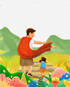 卡通手绘父女插画免抠_新图网 https://ixintu.com 山路 父女 卡通手绘 插画 草地 上学 父爱