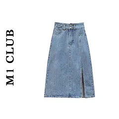 M1 CLUB大码高腰遮跨显瘦牛仔半身裙女微胖MM开叉设计中长款裙子-淘宝网