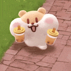 可爱小熊双手各拎一杯饮品，欢快蹦跶超萌 奶茶鼠表情包 | 嗝～奶茶真好喝