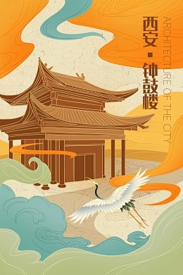 西安钟鼓楼中国风国潮风印象城市插画