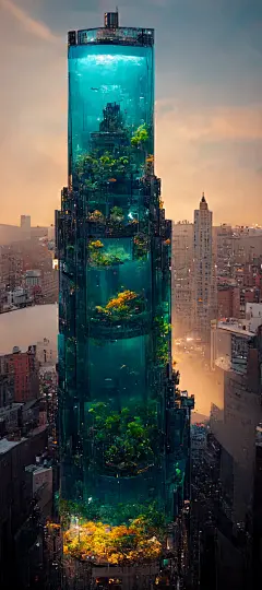 纽约市中心一座形如塔的巨型鱼缸鸟瞰图，8k 辛烷值渲染，逼真