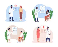 图源免费EPS文件 |Checkup of patients organs 2D vector isolated illustrations set. Medicine flat characters on cartoon background. Clinic colourful scene for mobile, website, presentation pack. Comfortaa font used