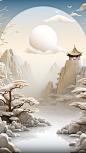 冬季冬天通用插画中国风自然山树积雪场景背景