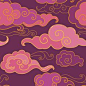 Traditional oriental ornament in purple tones. Clouds on the sky. Vector seamless pattern