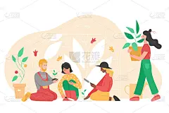 人们园艺矢量插图，卡通扁男女组园丁人物种植花，果树或室内植物在盆栽孤立的白色