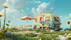 创意蓝天白云下海边露营五一劳动节风景汽车旅游的插画