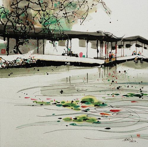 枕河人家 - 汪钰元彩墨作品 