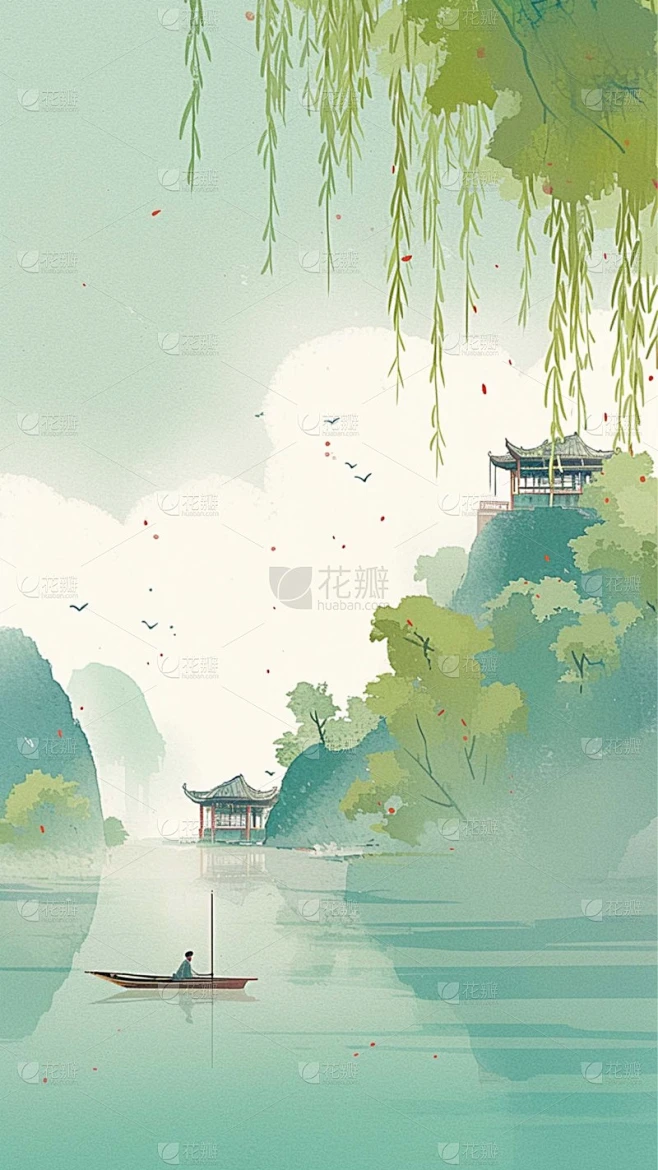 清明节通用水墨风山水柳叶插画背景场景图片素材素材-花瓣网