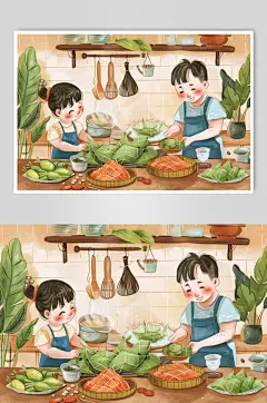 AI数字艺术端午节包粽子人物插画