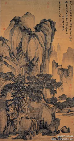 【 明 唐寅 《山路松声图》 】绢本，194.5×102.8cm，台北故宫博物院藏。此画绘层岩邃壑，飞瀑流泉。山腰苍松葱郁，虬枝老干，掩映画面。山下平湖一湾，清澈见底。一条崎岖不平的野路，蜿蜒通向山涧，以增加画面的幽深感。一隐者凭眺倚栏，静听松风，侍者囊琴随后。用笔清润、缜密而有韵味。