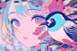 Anime 6144x4096 anime AI art vaporwave colorful birds animals face flowers