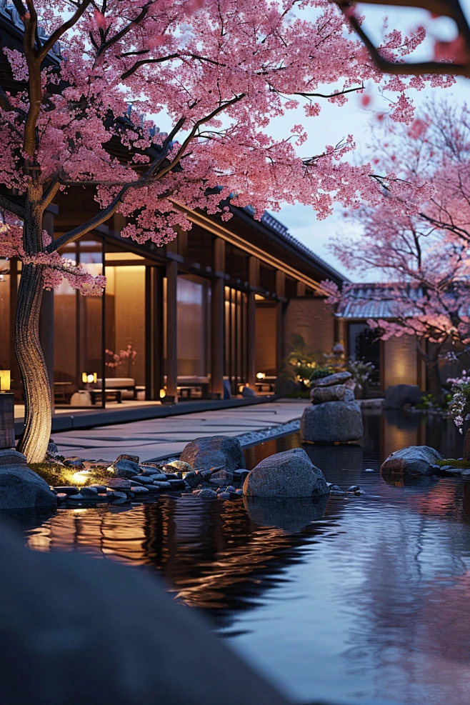 Dip into springtime bliss. Private onsen refuge. Pink clouds, steaming ...