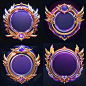 Circular game badge with an open text space inside the frame, featuring a gold and silver purple color scheme, metallic texture, luxurious feel, phoenix shaped decorations on both sides, symmetrical composition, bright colors, golden wings on the outer ed